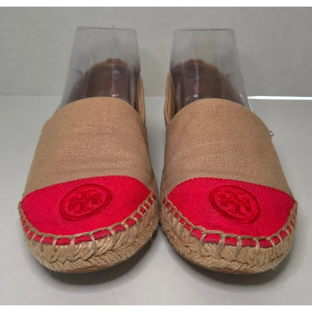 Tory Burch Color-Block Canvas Espadrilles Tan Red Logo Flats 7.5M Boho Chic